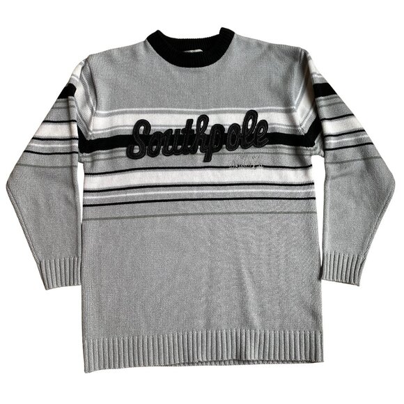 Southpole Y2K Logo Knit Sweater Men Sz L Gray Black Streetwear 3D Stripes